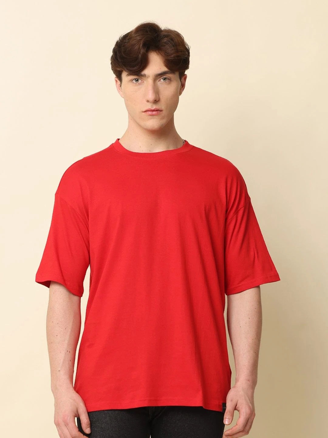 Silisoul Red Oversized Fit Cotton Short Sleeves Round Neck T-Shirt