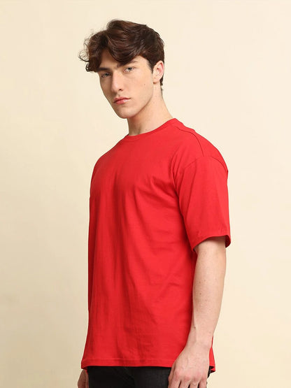 Silisoul Red Oversized Fit Cotton Short Sleeves Round Neck T-Shirt