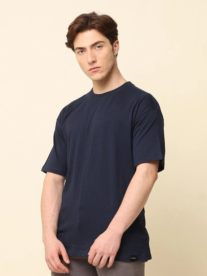 Silisoul Navy Blue Oversized Fit Cotton Short Sleeves T-Shirt