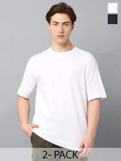 Silisoul Navy Blue Oversized Fit Cotton Short Sleeves T-Shirt