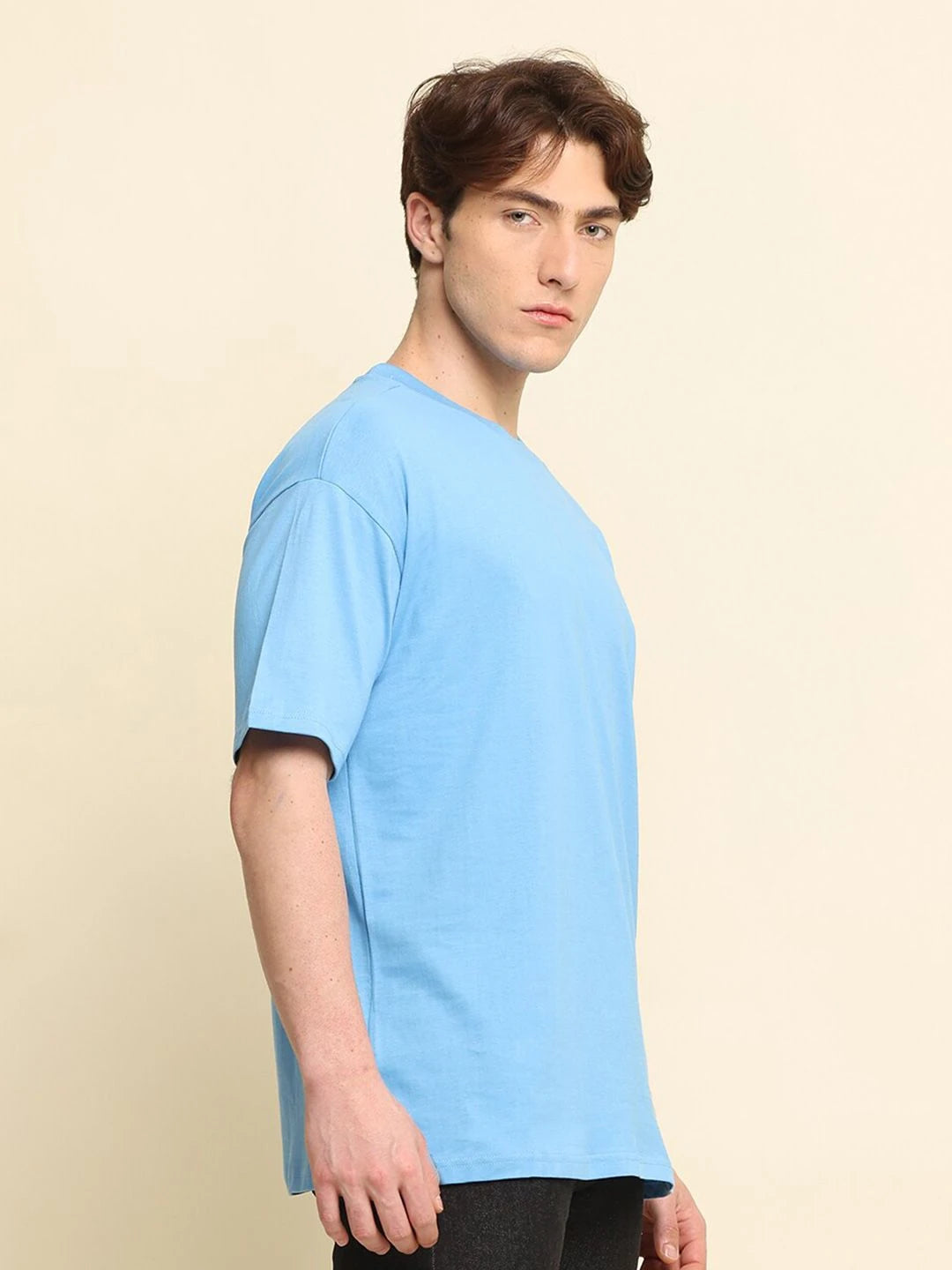 Silisoul Blue Oversized Fit Cotton Short Sleeves Round Neck T-Shirt