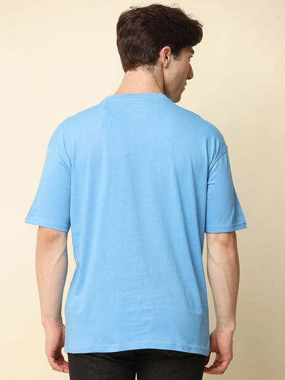 Silisoul Blue Oversized Fit Cotton Short Sleeves Round Neck T-Shirt