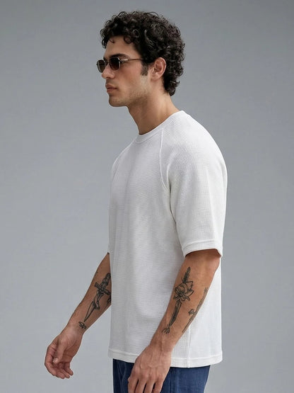 Silisoul White Oversized Fit Self Design Print Cotton Short Sleeves T-Shirt