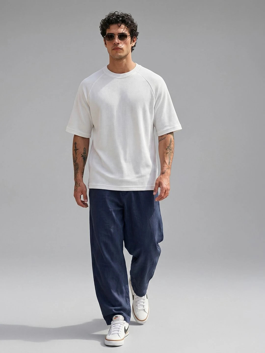 Silisoul White Oversized Fit Self Design Print Cotton Short Sleeves T-Shirt