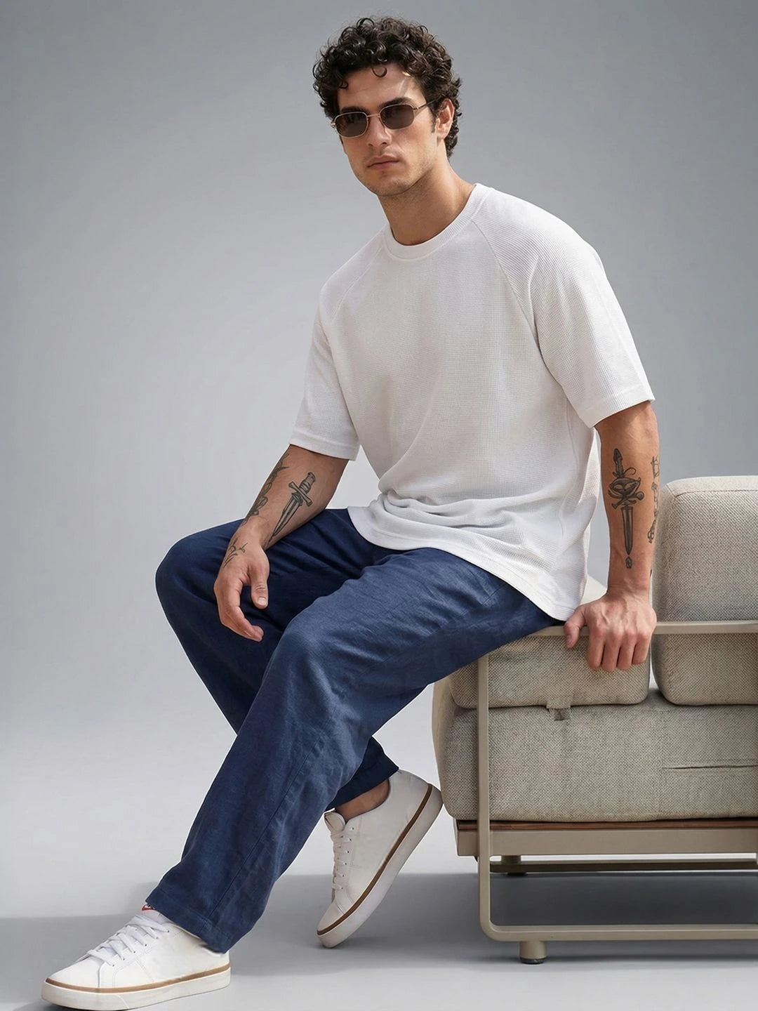 Silisoul White Oversized Fit Self Design Print Cotton Short Sleeves T-Shirt