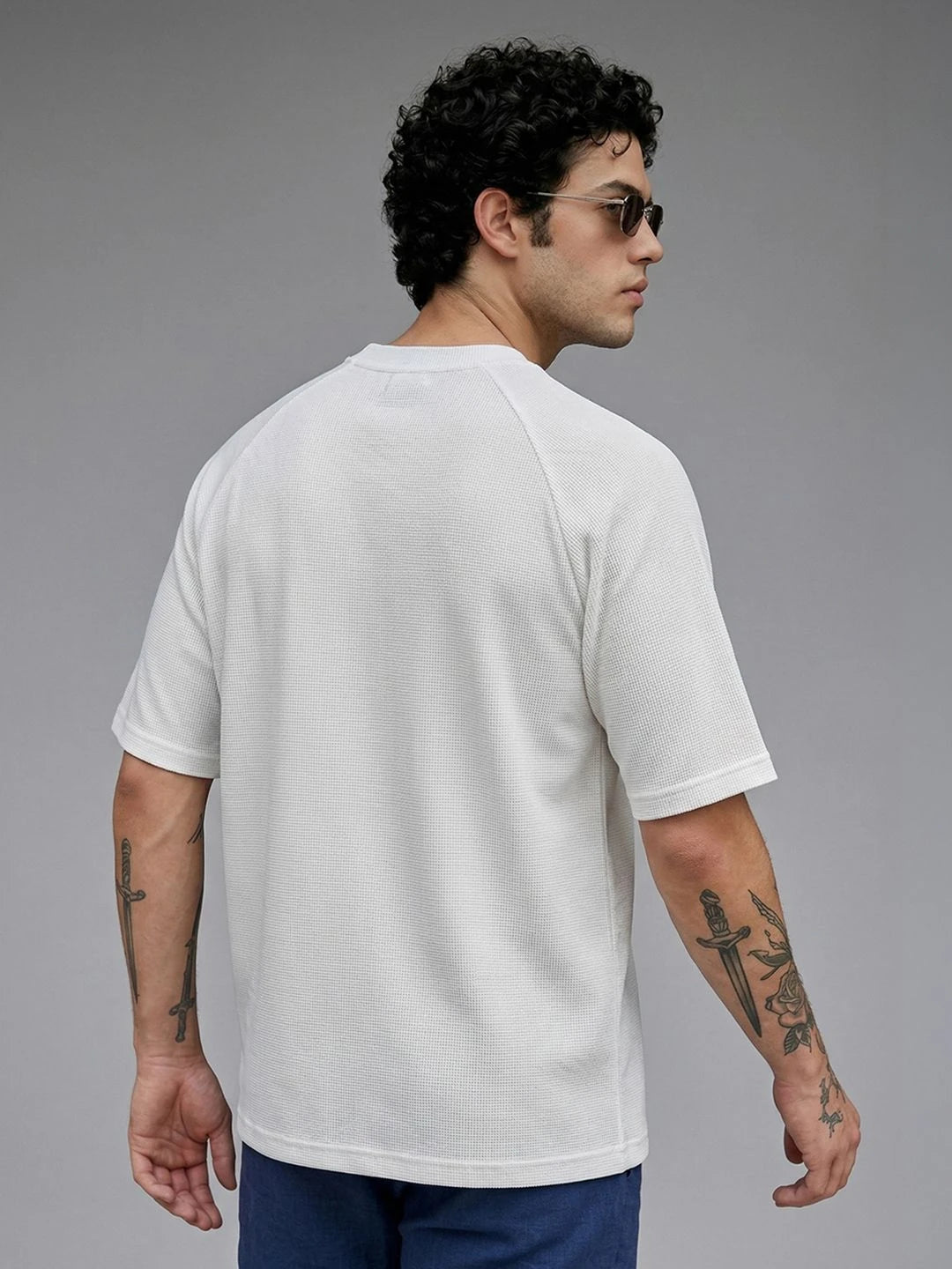Silisoul White Oversized Fit Self Design Print Cotton Short Sleeves T-Shirt