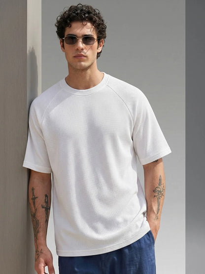 Silisoul White Oversized Fit Self Design Print Cotton Short Sleeves T-Shirt