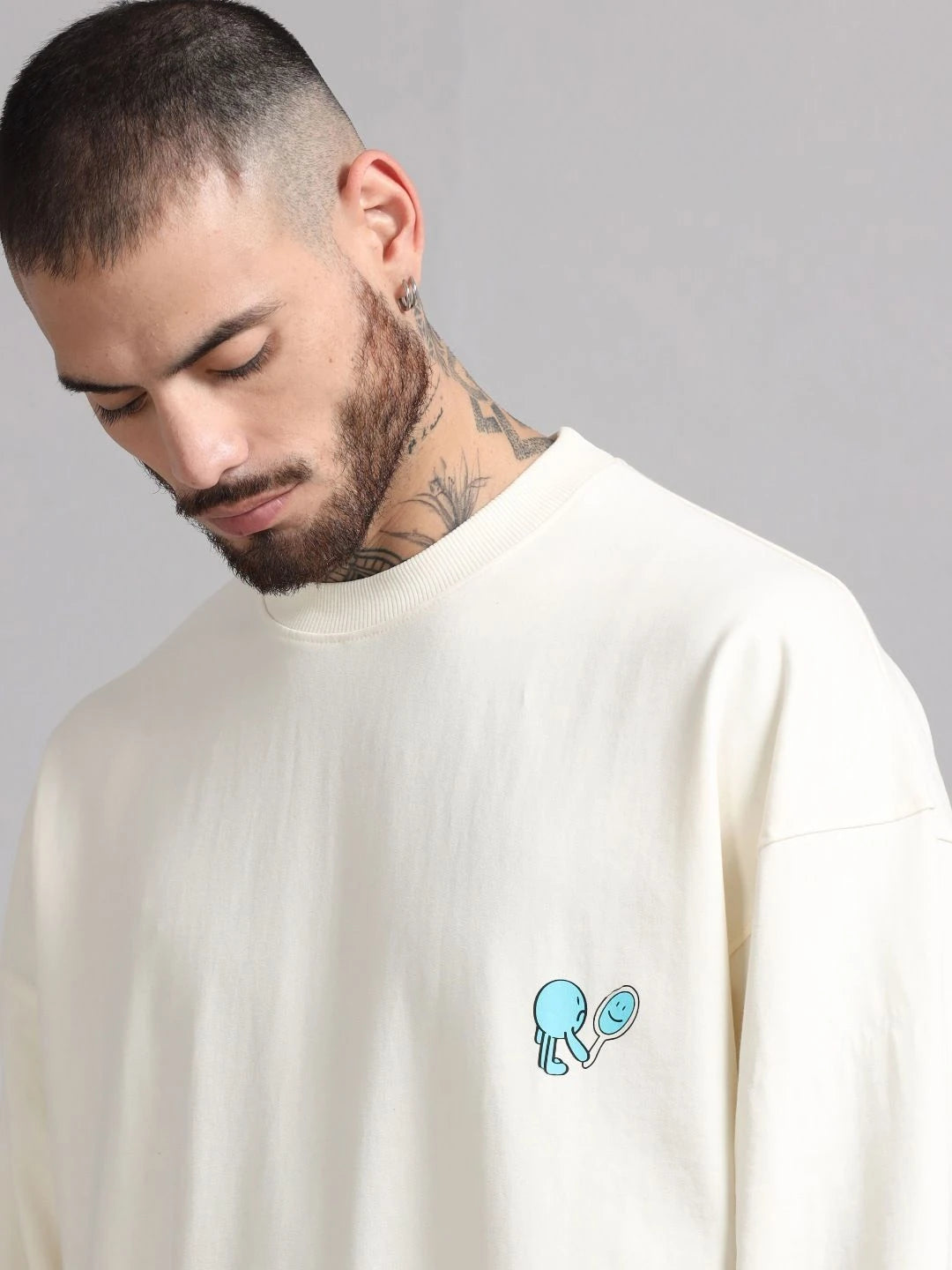 Silisoul Off White Oversized Fit Graphic Print Cotton T-Shirt