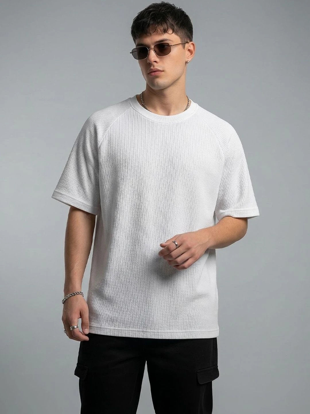 Silisoul White Oversized Fit Self Design Print Cotton T-Shirt