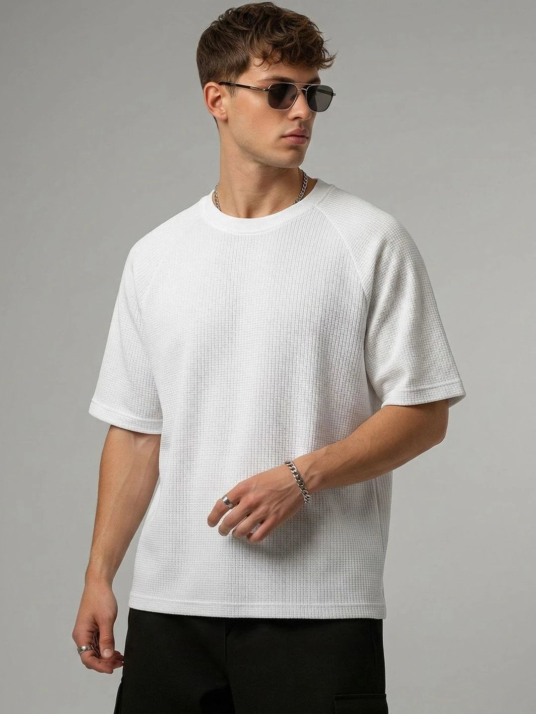 Silisoul White Oversized Fit Self Design Print Cotton T-Shirt