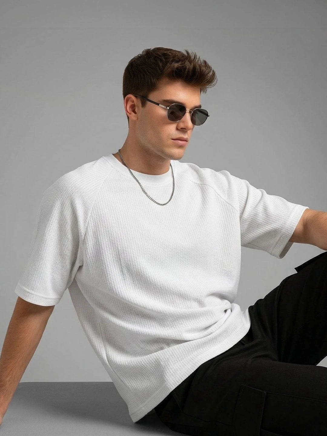 Silisoul White Oversized Fit Self Design Print Cotton T-Shirt