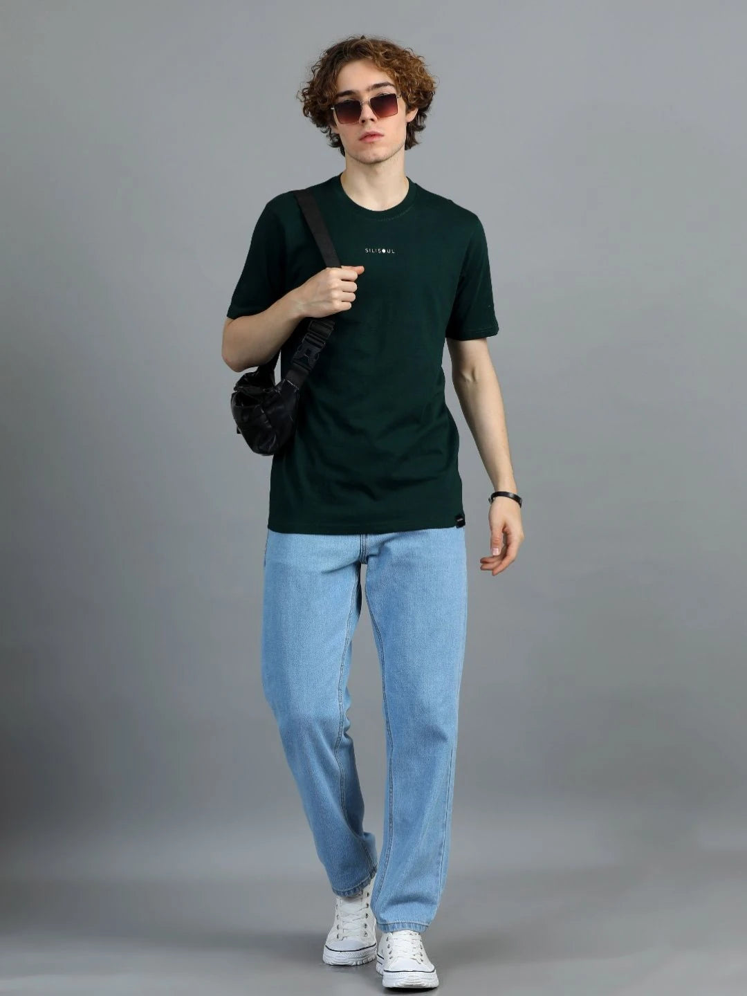 Silisoul Olive Regular Fit Brand Logo Print Cotton T-Shirt