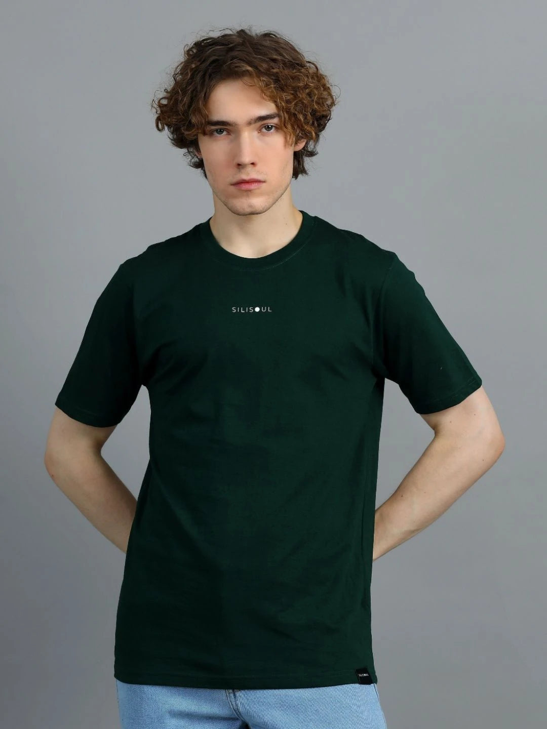 Silisoul Olive Regular Fit Brand Logo Print Cotton T-Shirt