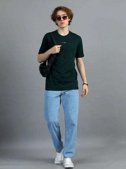 Silisoul Olive Regular Fit Brand Logo Print Cotton T-Shirt