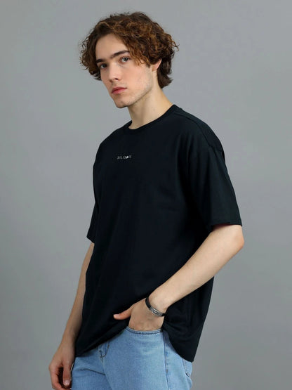 Silisoul Black Oversized Fit Brand Logo Print Cotton T-Shirt