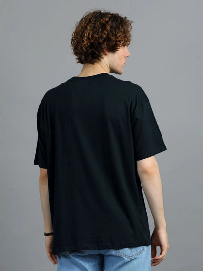 Silisoul Black Oversized Fit Brand Logo Print Cotton T-Shirt