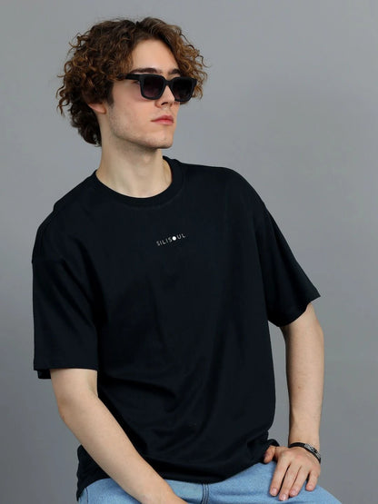 Silisoul Black Oversized Fit Brand Logo Print Cotton T-Shirt