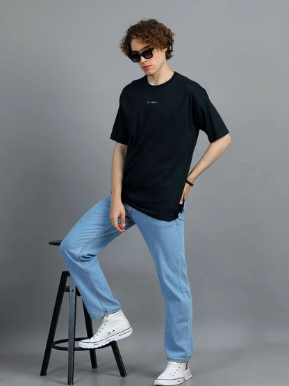 Silisoul Black Oversized Fit Brand Logo Print Cotton T-Shirt