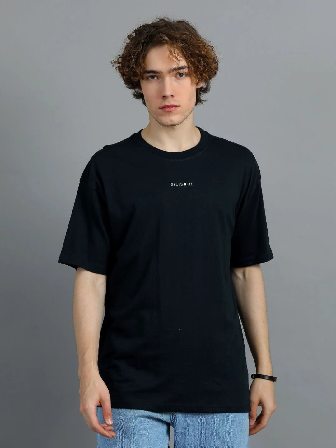 Silisoul Black Oversized Fit Brand Logo Print Cotton T-Shirt