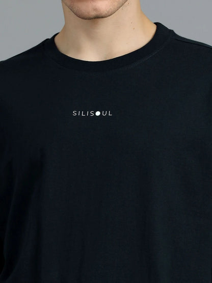 Silisoul Black Oversized Fit Brand Logo Print Cotton T-Shirt
