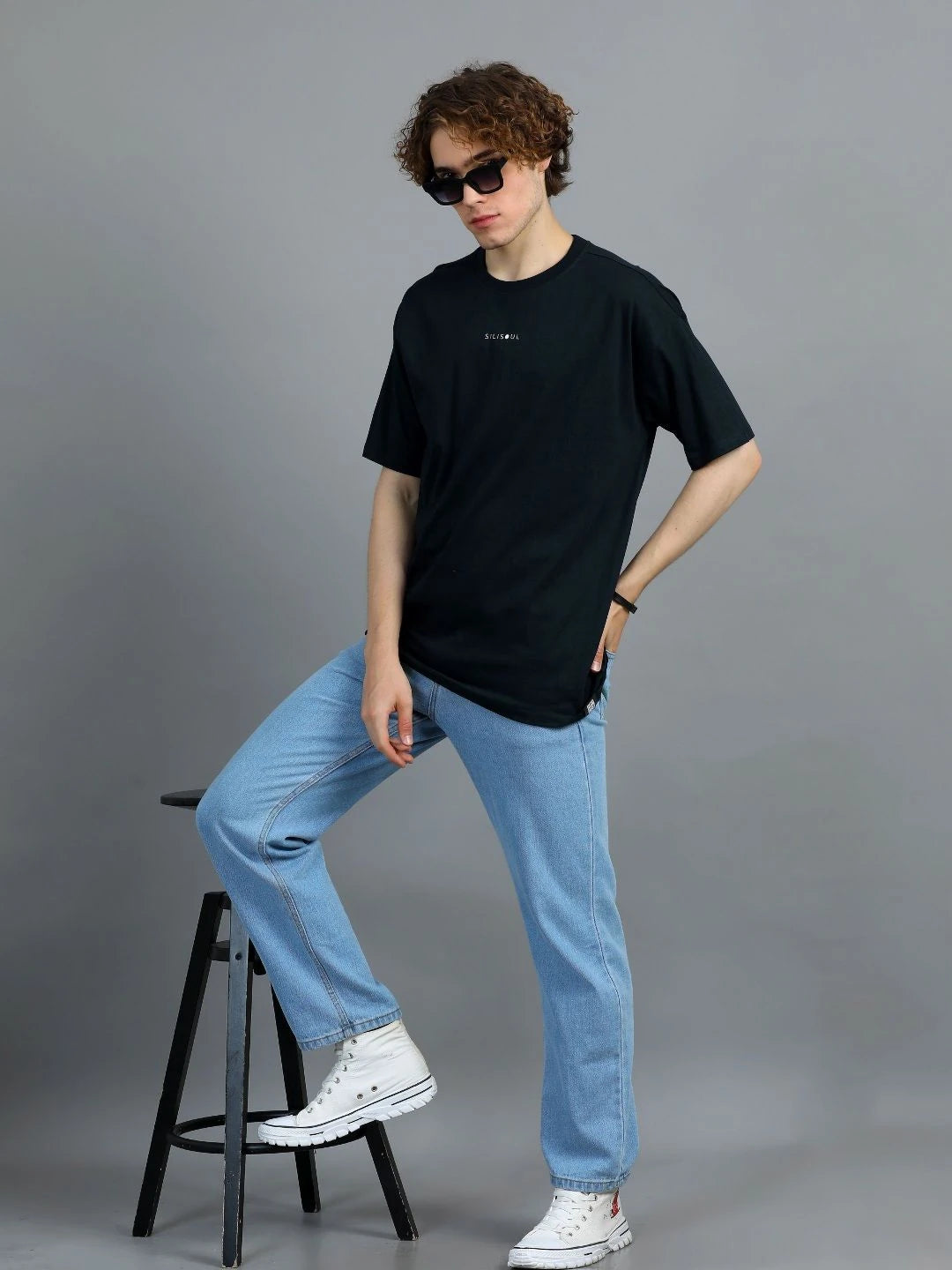 Silisoul Black Oversized Fit Brand Logo Print Cotton T-Shirt