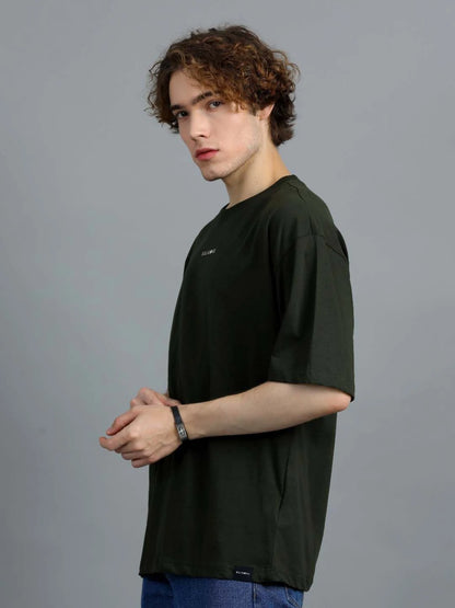 Silisoul Olive Oversized Fit Brand Logo Print Cotton T-Shirt