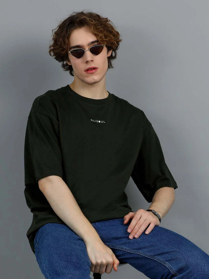 Silisoul Olive Oversized Fit Brand Logo Print Cotton T-Shirt