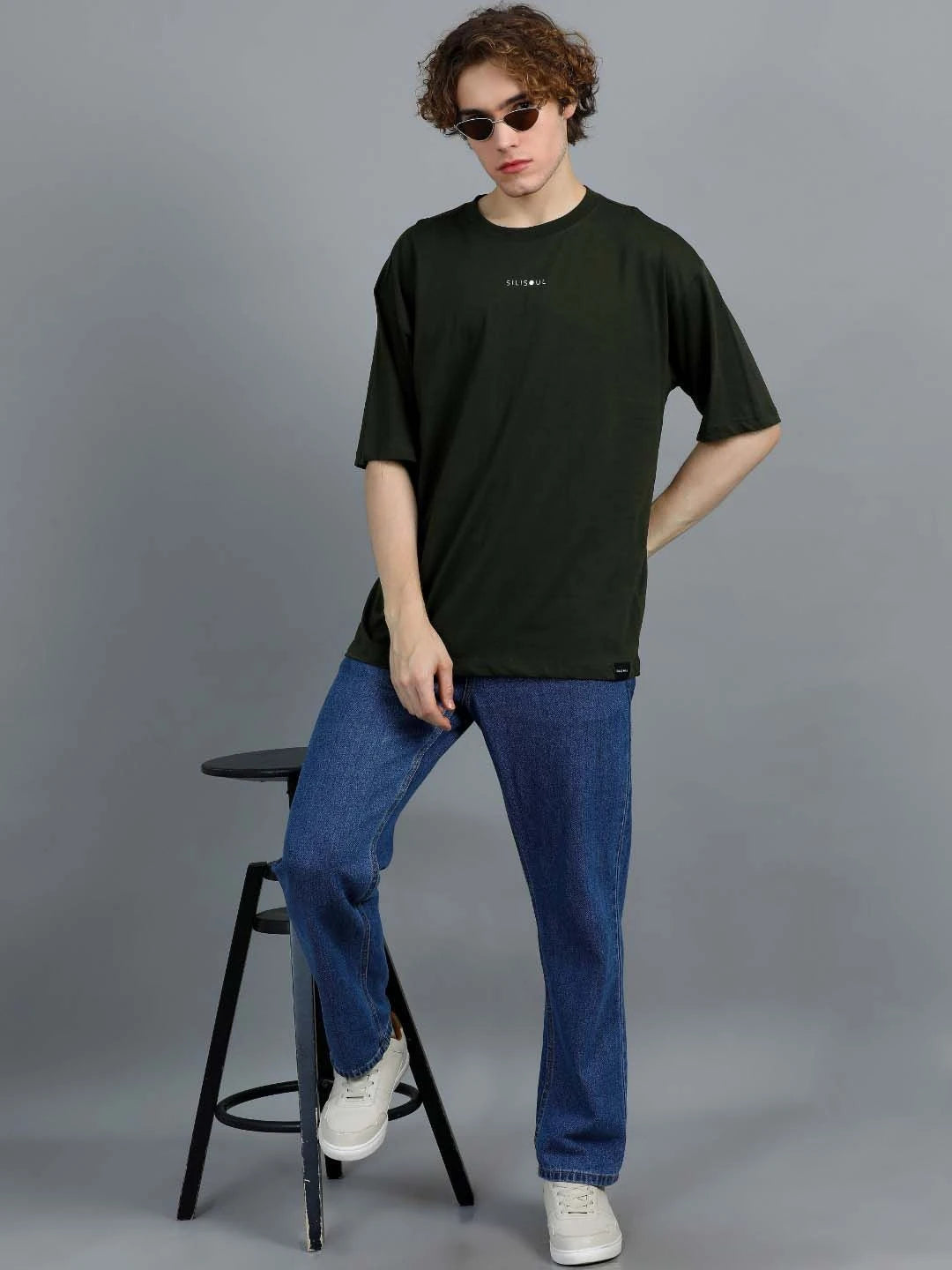 Silisoul Olive Oversized Fit Brand Logo Print Cotton T-Shirt
