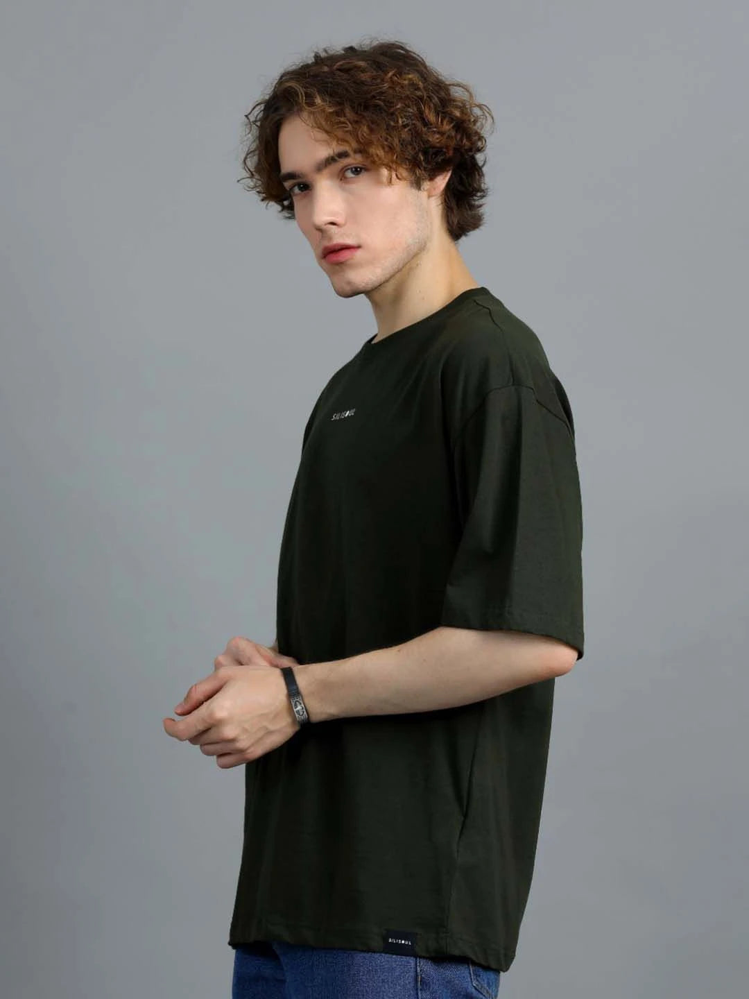 Silisoul Olive Oversized Fit Brand Logo Print Cotton T-Shirt