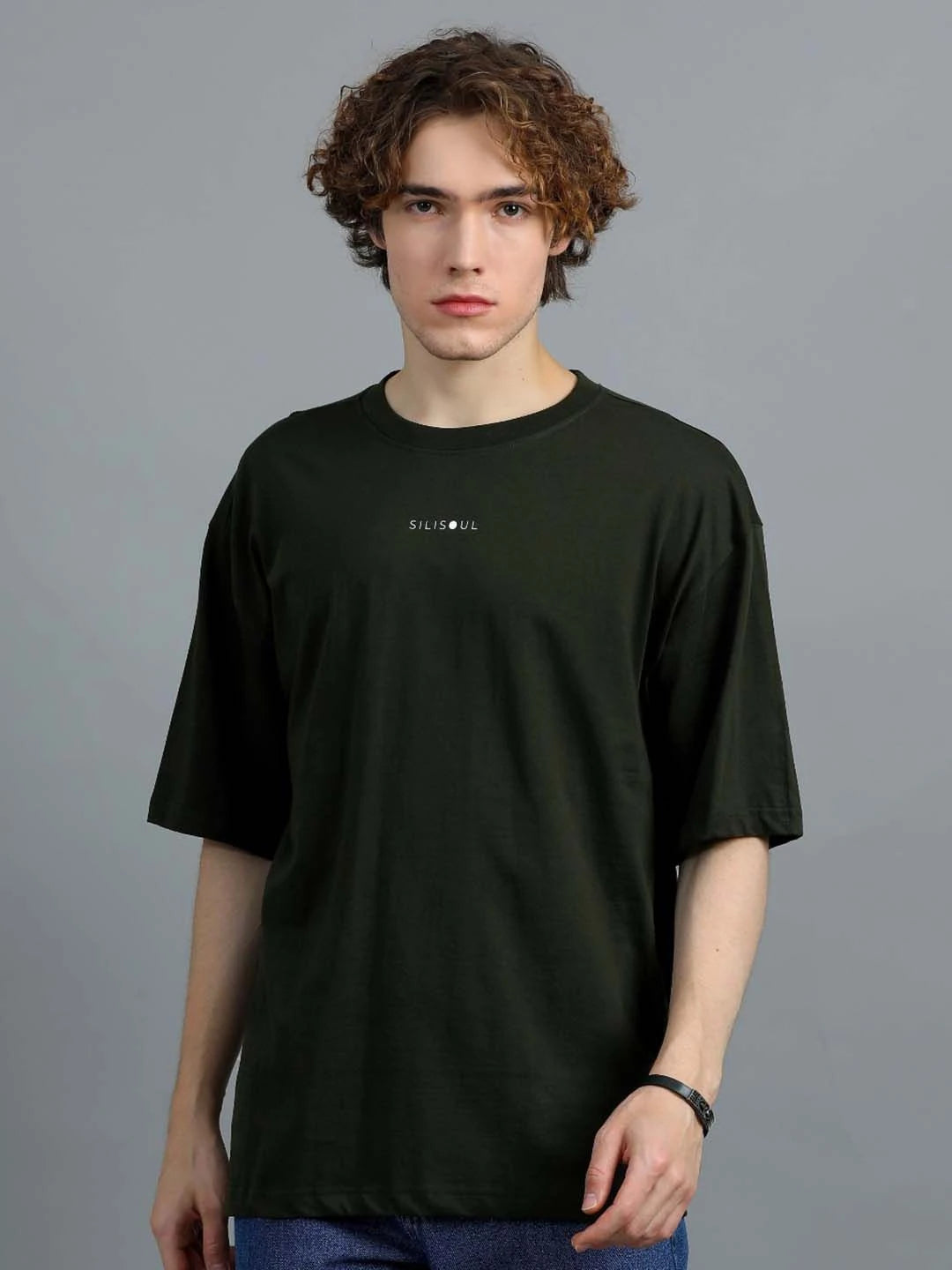 Silisoul Olive Oversized Fit Brand Logo Print Cotton T-Shirt