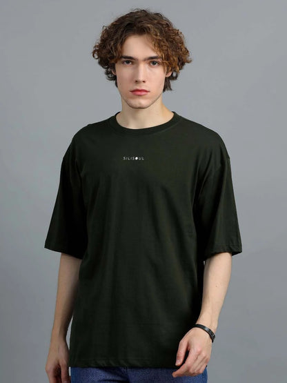 Silisoul Olive Oversized Fit Brand Logo Print Cotton T-Shirt