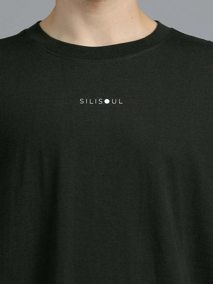 Silisoul Olive Oversized Fit Brand Logo Print Cotton T-Shirt