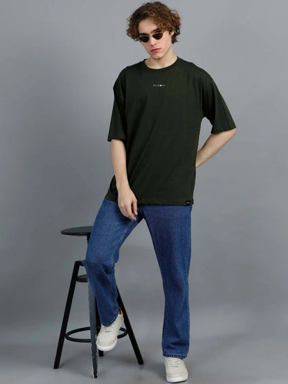 Silisoul Olive Oversized Fit Brand Logo Print Cotton T-Shirt