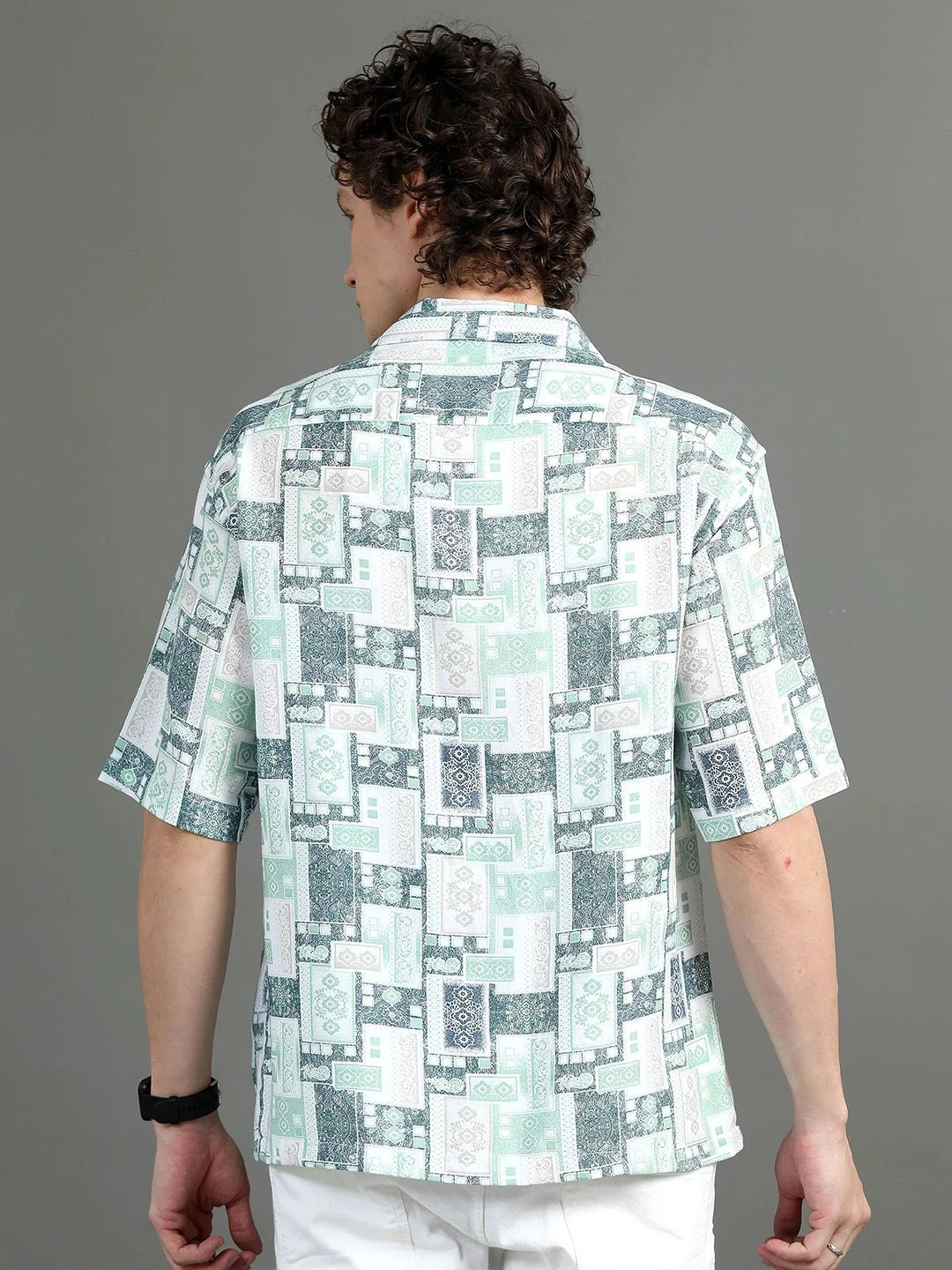 Silisoul White Oversized Fit Abstract Print Viscose Rayon Cuban Collar Shirt