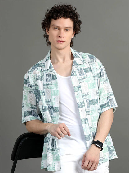 Silisoul White Oversized Fit Abstract Print Viscose Rayon Cuban Collar Shirt