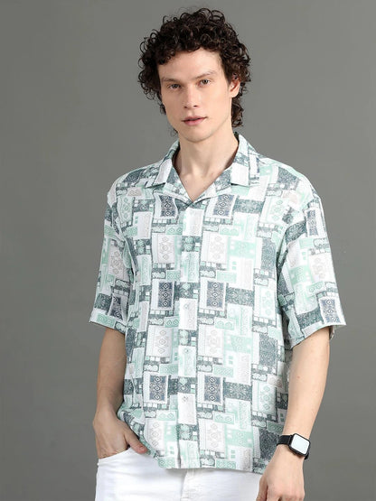 Silisoul White Oversized Fit Abstract Print Viscose Rayon Cuban Collar Shirt
