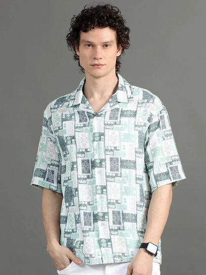 Silisoul White Oversized Fit Abstract Print Viscose Rayon Cuban Collar Shirt