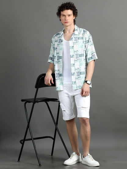 Silisoul White Oversized Fit Abstract Print Viscose Rayon Cuban Collar Shirt
