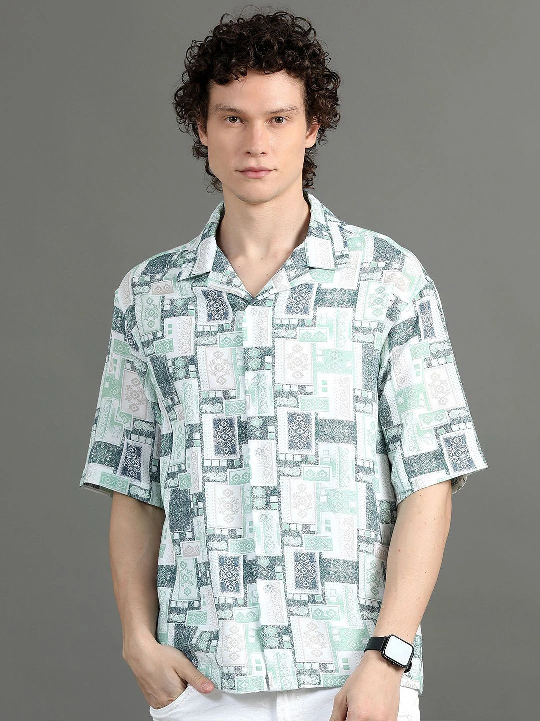 Silisoul White Oversized Fit Abstract Print Viscose Rayon Cuban Collar Shirt