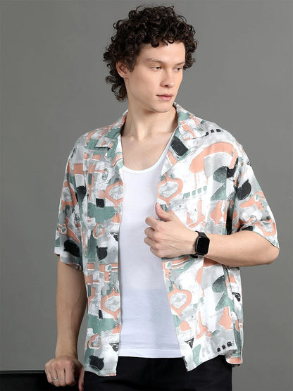 Silisoul White Oversized Fit Abstract Print Viscose Rayon Short Sleeves Shirt