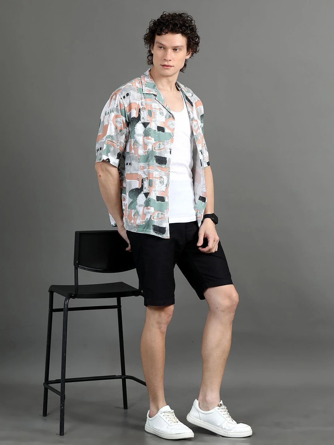 Silisoul White Oversized Fit Abstract Print Viscose Rayon Short Sleeves Shirt