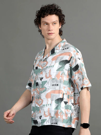Silisoul White Oversized Fit Abstract Print Viscose Rayon Short Sleeves Shirt