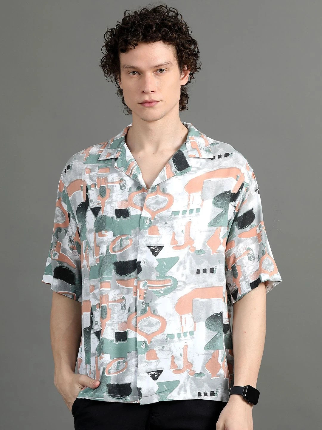Silisoul White Oversized Fit Abstract Print Viscose Rayon Short Sleeves Shirt