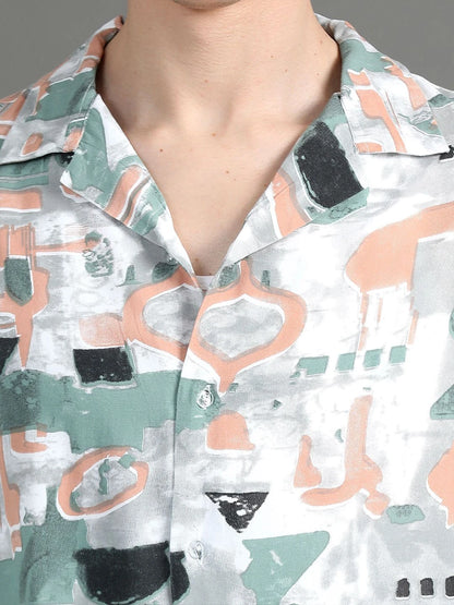 Silisoul White Oversized Fit Abstract Print Viscose Rayon Short Sleeves Shirt
