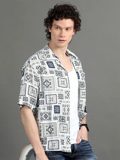 Silisoul White Oversized Fit Abstract Print Viscose Rayon Shirt