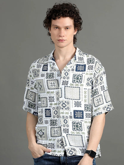 Silisoul White Oversized Fit Abstract Print Viscose Rayon Shirt