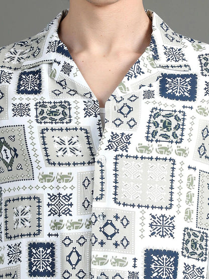 Silisoul White Oversized Fit Abstract Print Viscose Rayon Shirt