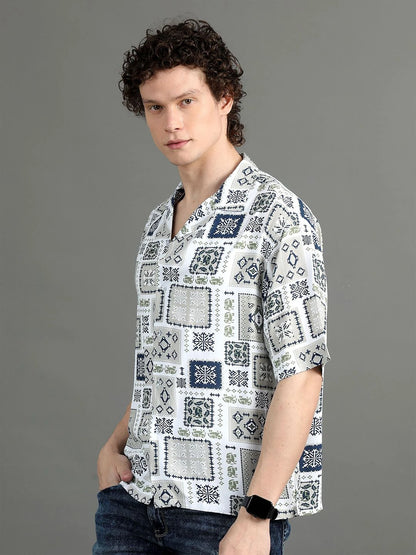 Silisoul White Oversized Fit Abstract Print Viscose Rayon Shirt