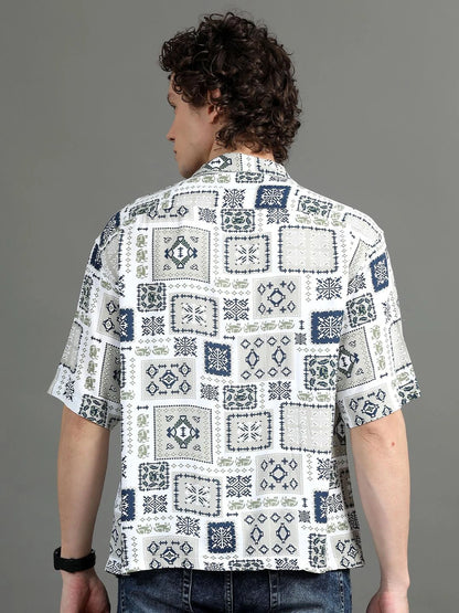 Silisoul White Oversized Fit Abstract Print Viscose Rayon Shirt