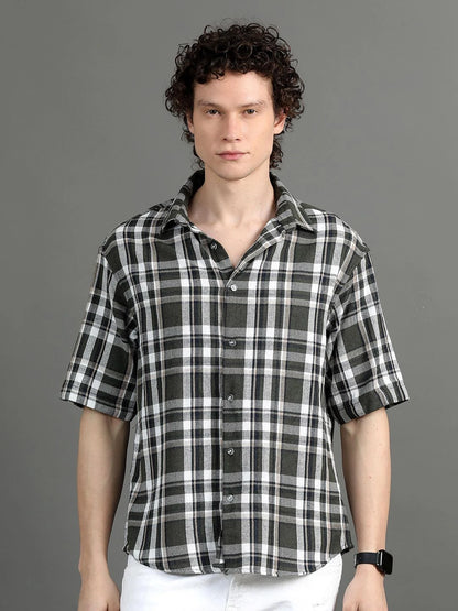 Silisoul Green Relaxed Fit Tartan Checks Print Cotton Short Sleeves Shirt